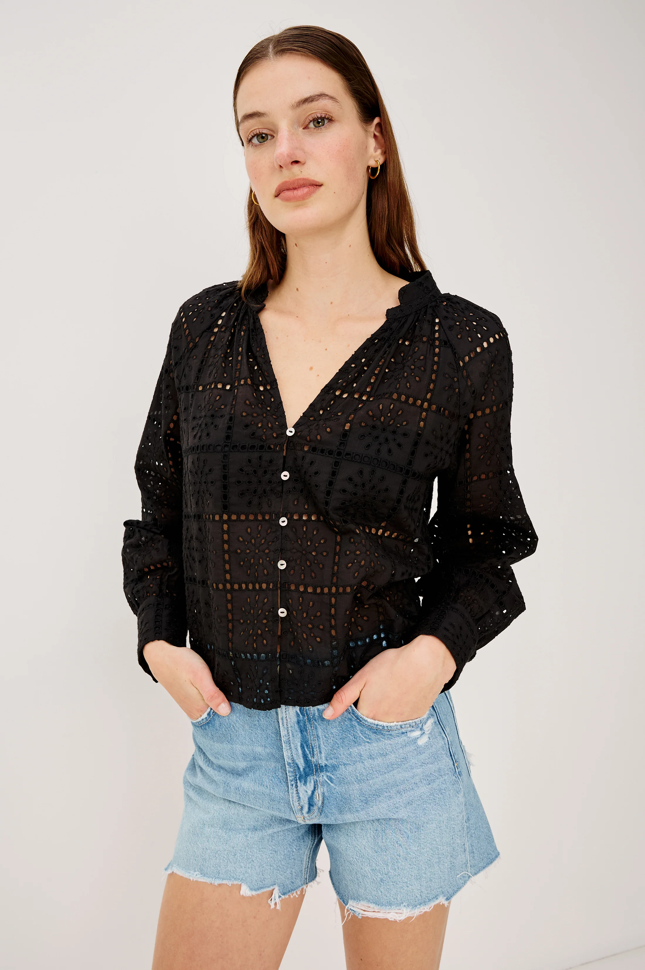 FRANCINE TOP - BLACK GRID EMBROIDERY
