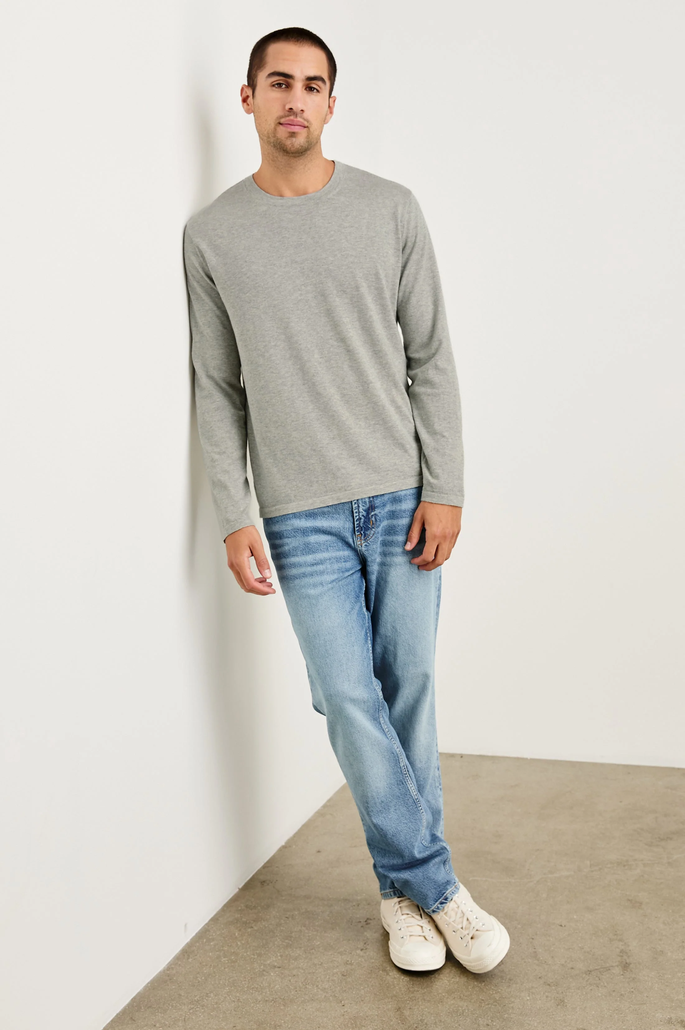 QUENTIN COTTON CASHMERE LONG SLEEVE TEE - HEATHER GREY - Image 3